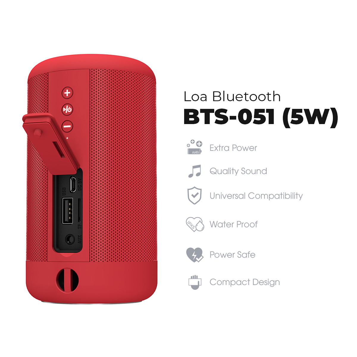 Loa Bluetooth kèm pin sạc dự phòng Energizer BTS-051, dung lượng 2,000mAh, chống nước theo tiêu chuẩn IPX5, hỗ trợ thẻ micro SD, AUX - Hàng chính hãng