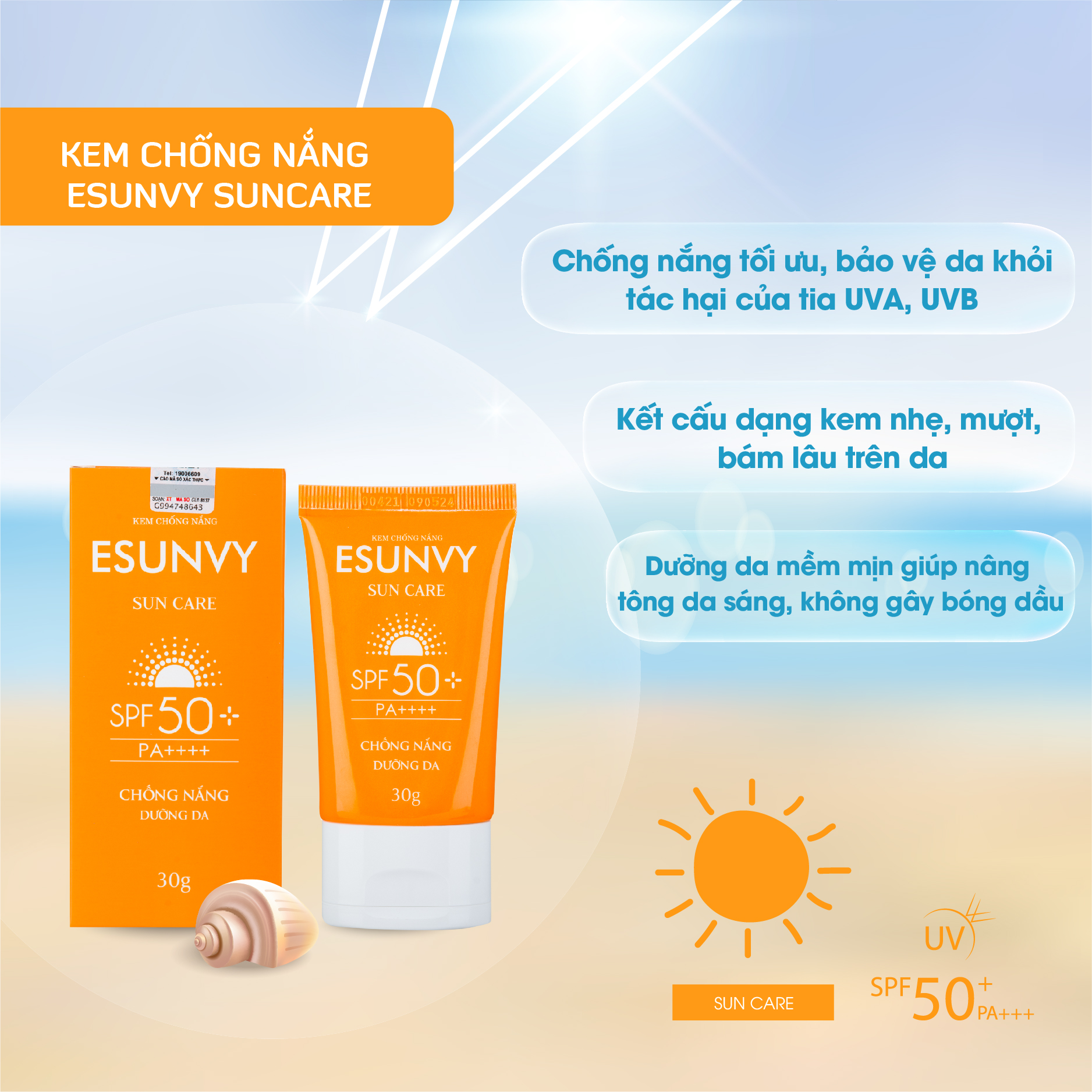 KEM CHỐNG NẮNG ESUNVY SUN CARE SPF50+/PA++++ - Chống nắng, dưỡng da - Tuýp 30g