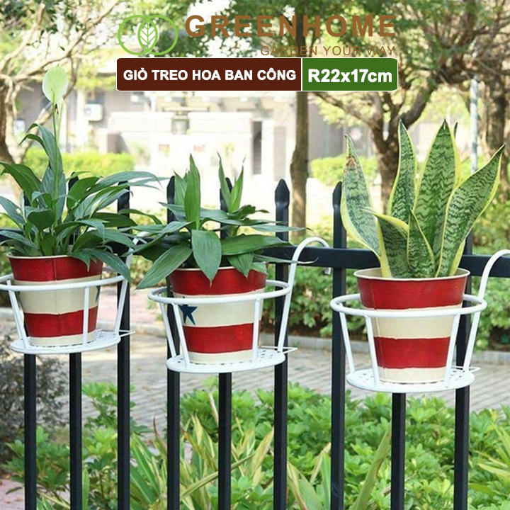 Giỏ treo hoa ban công, D22xC18cm, chất liệu sắt sơn tĩnh điện, phù hợp với mọi lan can |Greenhome