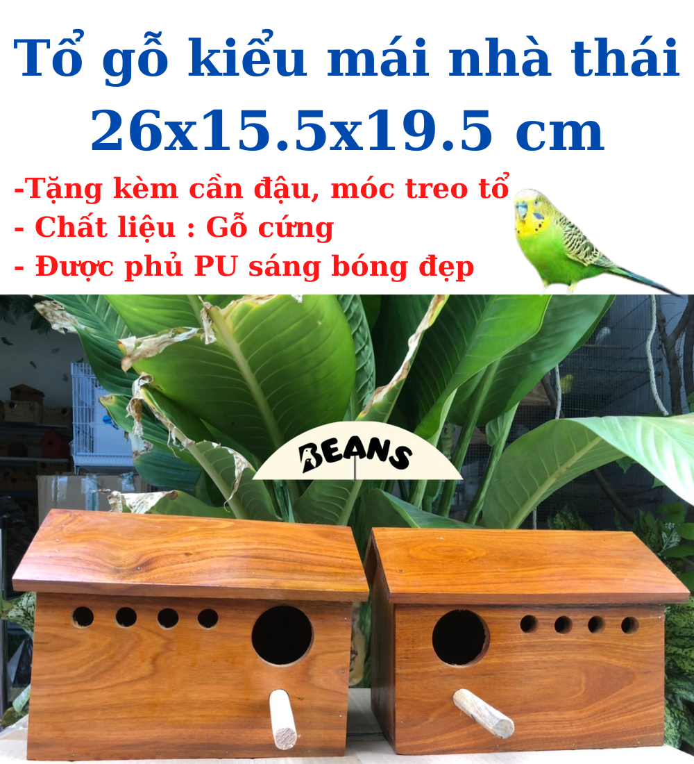 Tổ gỗ mái nhà mẫu dài dành cho chim yến phụng, bạc má, lovebird,...có lõm gom trứng tặng kèm móc treo tổ