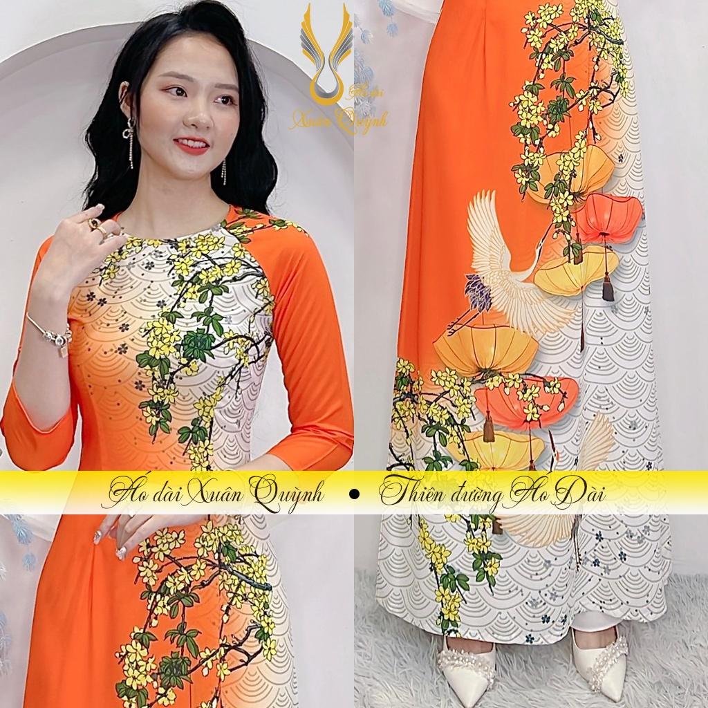 Áo Dài Truyền Thống Đèn Lồng Phối Hoa, Hồng Hạc Duyên Dáng Lụa Habutai A23 - Áo Dài Xuân Quỳnh