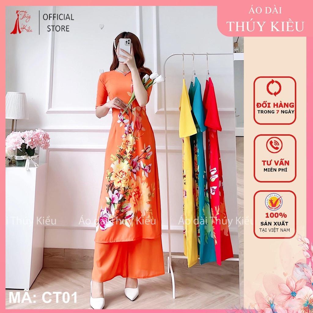 Bộ áo dài cách tân nữ thiết kế lụa Nhật CT01-CAM nền cam hoa mộc lan dự tiệc lễ tết đẹp