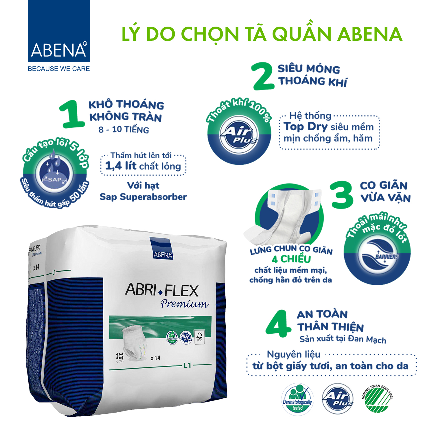 [Thấm hút 1.4 lít] Combo 3 sản phẩm Tã Quần Người Lớn Abena Abri Flex Premium L1 (14 Miếng) - Giảm 10% - Nhập Khẩu Đan Mạch