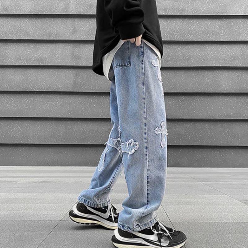 Quần Jean Nam Ống Suông, Quần Baggy Jean Nam Ống Rộng Thêu Thánh Giá