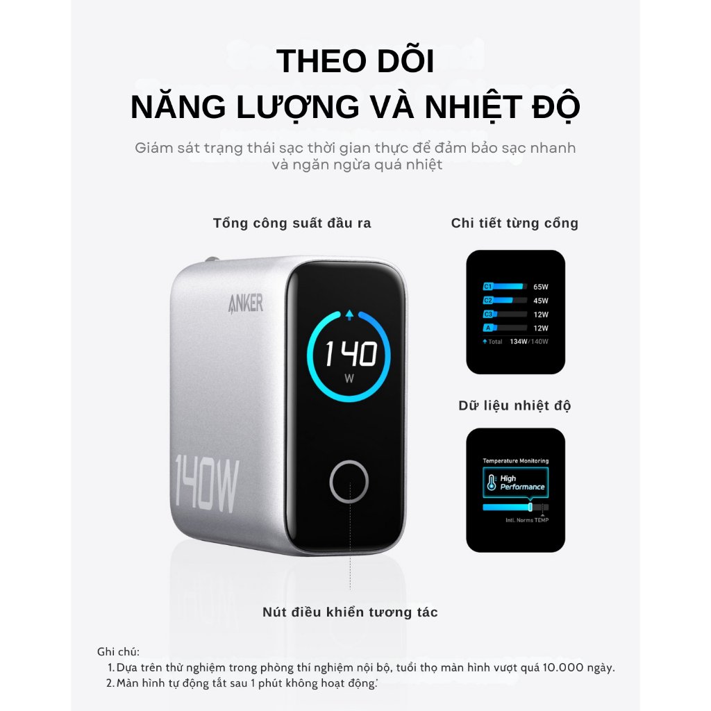 Củ Sạc Nhanh 3C+1A ANKER Zolo B2697 140W (ActiveShield 2.0, Smart LED Display, GaN Charger, Kèm Cáp Zolo C to C 240W)- Hàng Chính Hãng