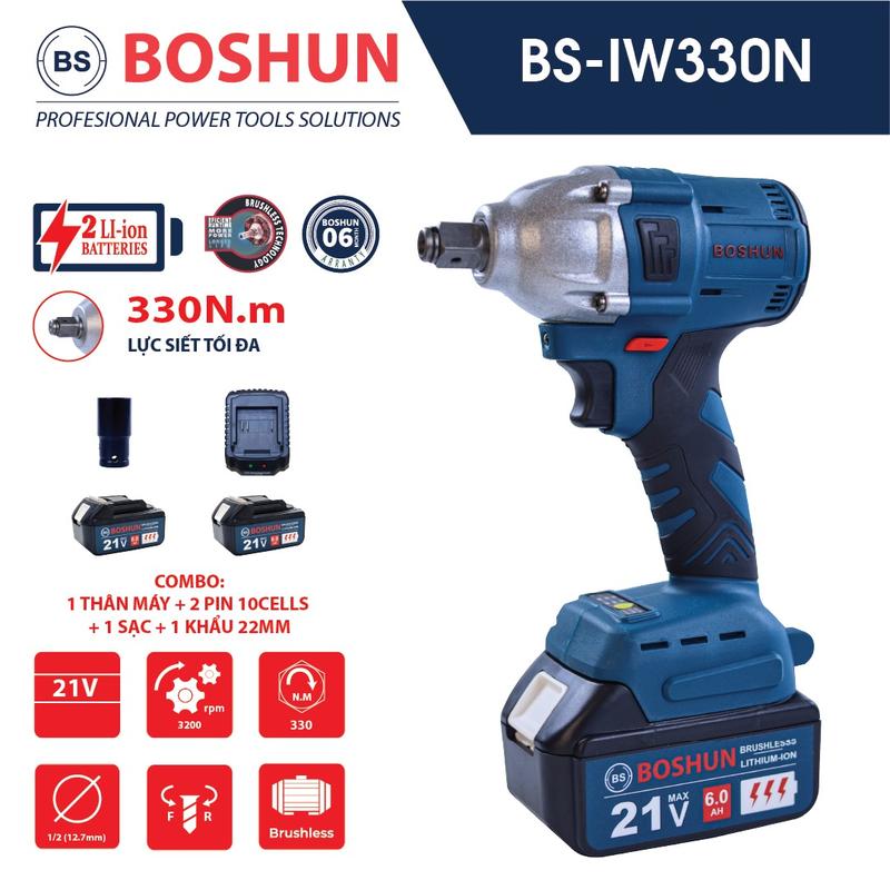 Bộ máy Siết bulong BOSHUN- Đông cơ không chổi than -lực xiết 330N,m - chân pin phổ thông - bảo hành 6 tháng
