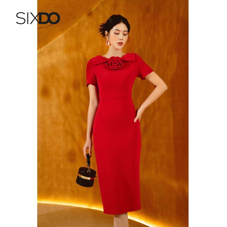 Đầm ôm đỏ midi cổ bẻ kèm hoa sàn trọng thời trang SIXDO