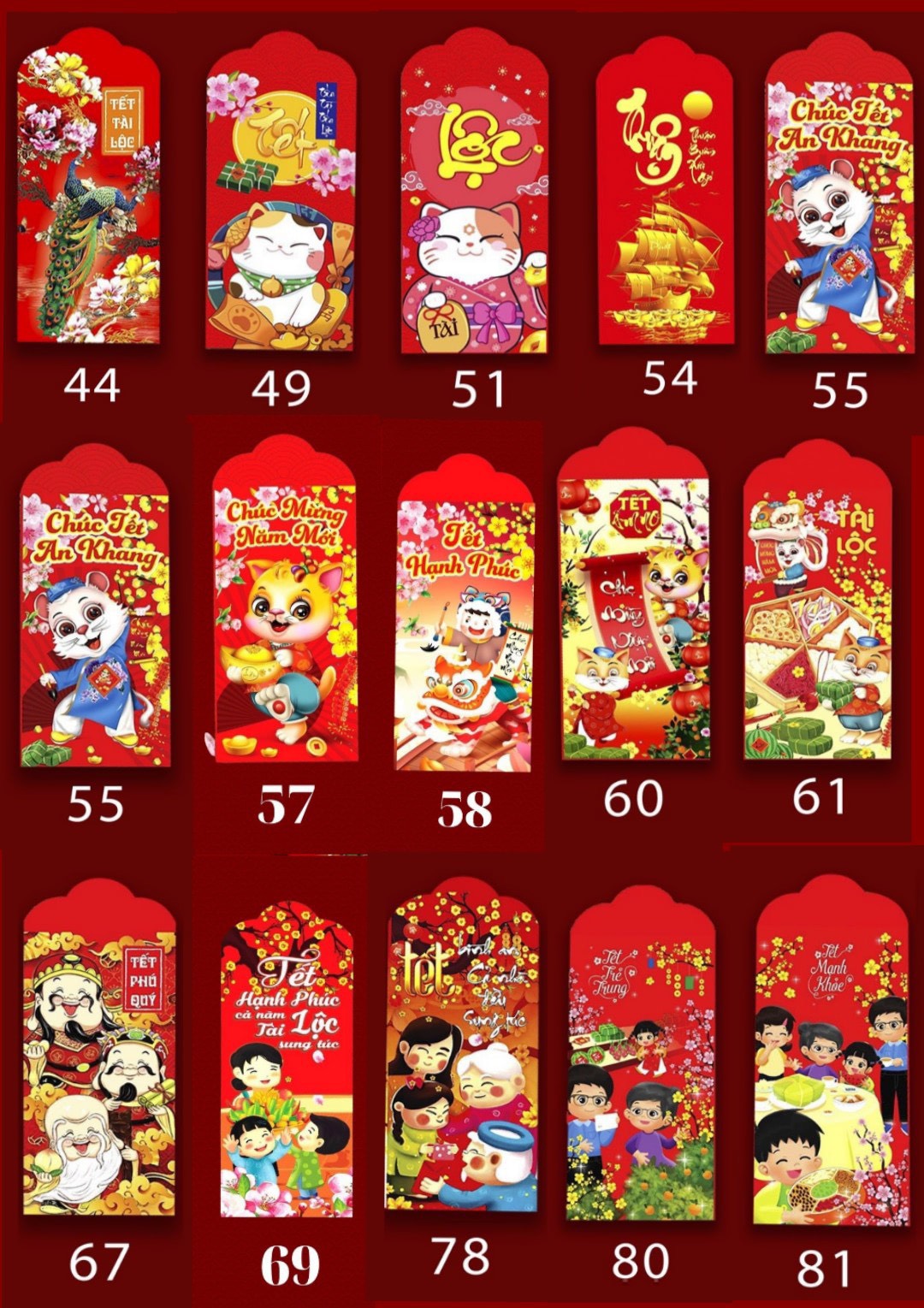 Combo 30 Bao Lì Xì Tết Con Mèo 2023, kích thước: 16cmx8cm, màu đỏ - Lì xì Tết hình thú, nhân vật hoạt hình ngộ nghĩnh, đáng yêu
