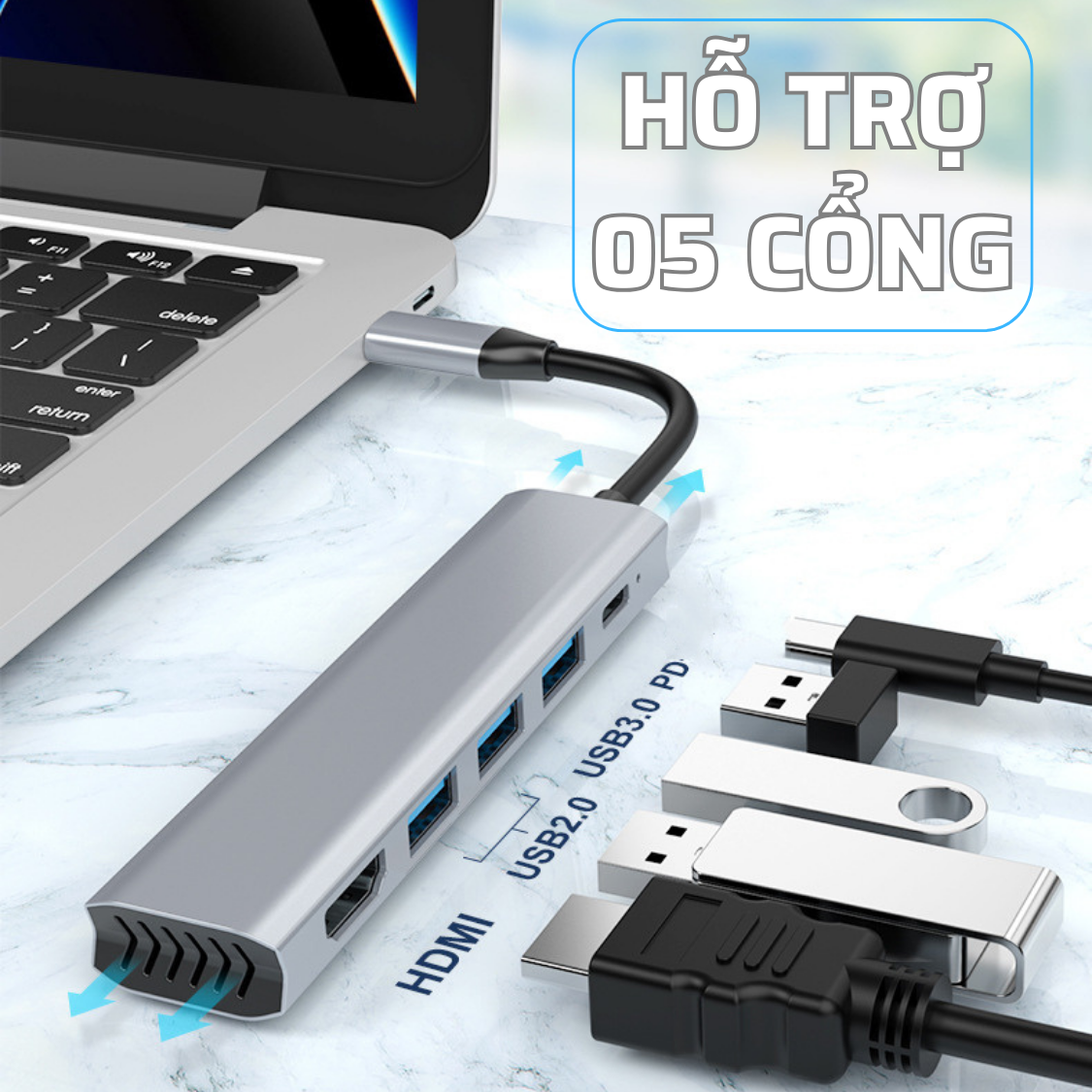 Hub Chuyển Đổi Type C Chia 5 Cổng (5 in 1) HDMI / USB 3.0 / USB 2.0 / PD Hỗ Trợ Sạc Nhanh, Có Khe Tản Nhiệt - Hàng Chính Hãng Tamayoko