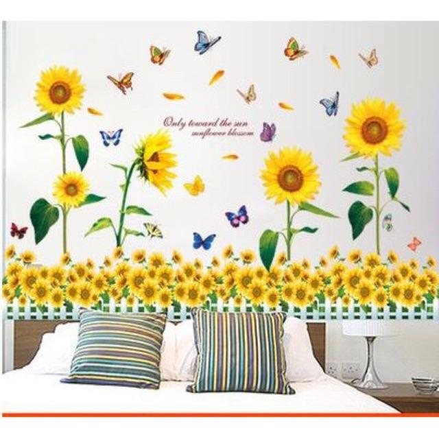 Decal dán tường Combo 2 tranh hoa hướng dương + hàng rào hoa hướng dương