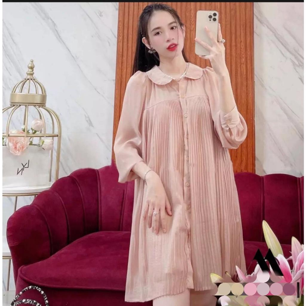 Đầm suông dập ly cổ sen- chất liệu Voan tơ cao cấp Xanh/Hồng/Vàng
