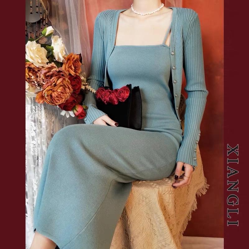 Set áo cardigan len và váy dây midi len cao cấp 2021