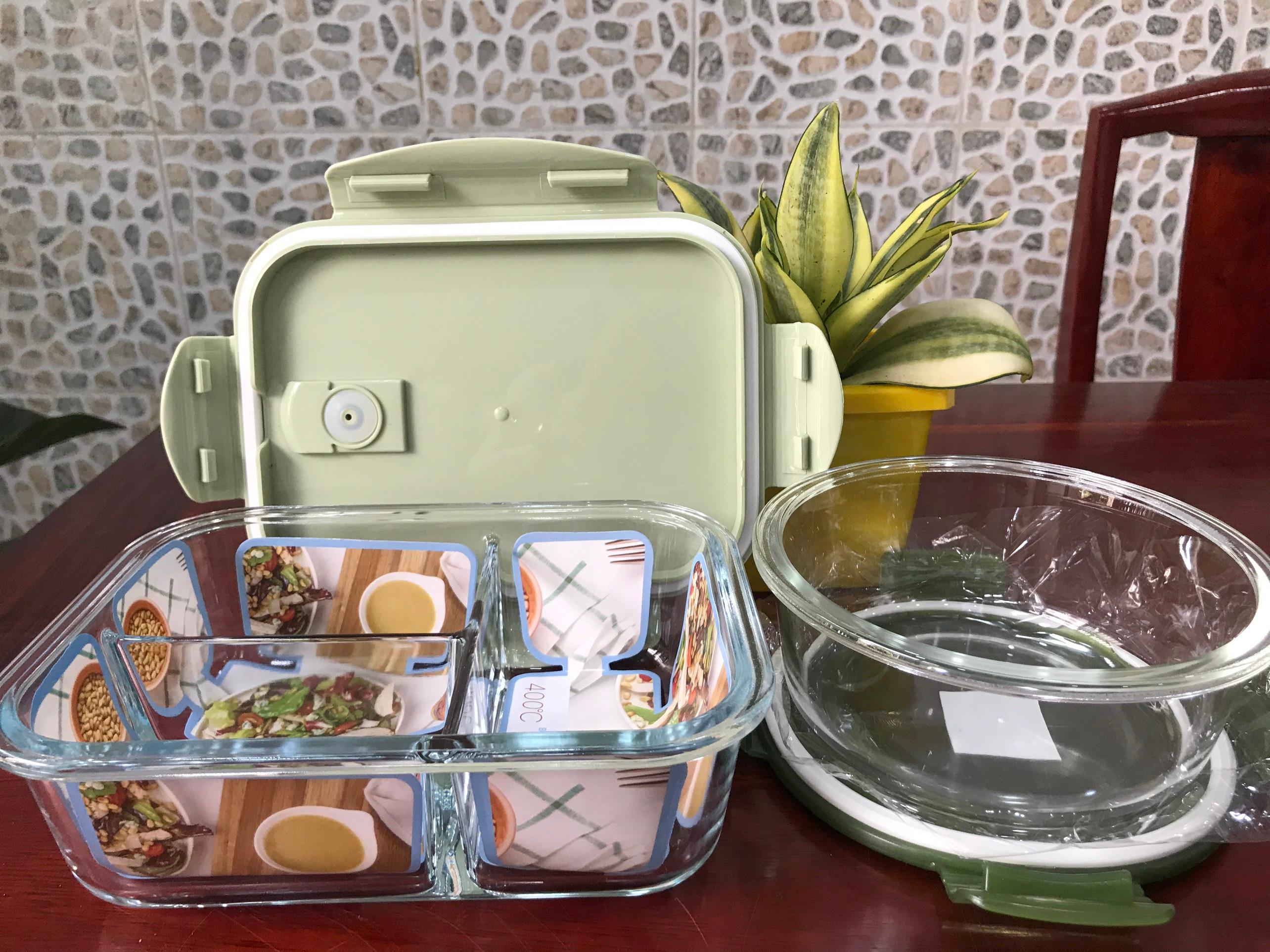 Hộp Cơm Thủy Tinh 3 Ngăn 1050 Ml + Thố Canh Thủy Tinh Tròn 600Ml Phong Cách Nhật Bản Cực Kì Tiện Lợi - Loại Tốt