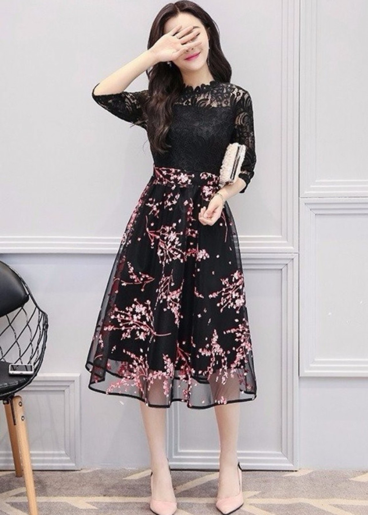 Đầm ren dự tiệc in hoa đào NT4291N