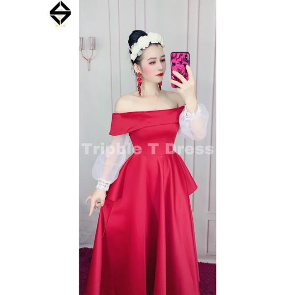 Đầm xòe dự tiệc mặc cưới bẹt vai tay dài voan phối viền ren TRIPBLE T DRESS -size S/M/L - MS51Y