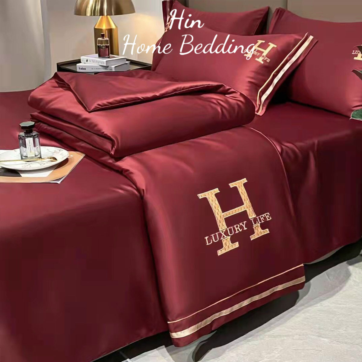 Bộ Chăn Ga Gối Đệm 5 Món Chăn Phao Lụa Thái Hin Home Bedding Drap Giường Lụa Mẫu Đỏ