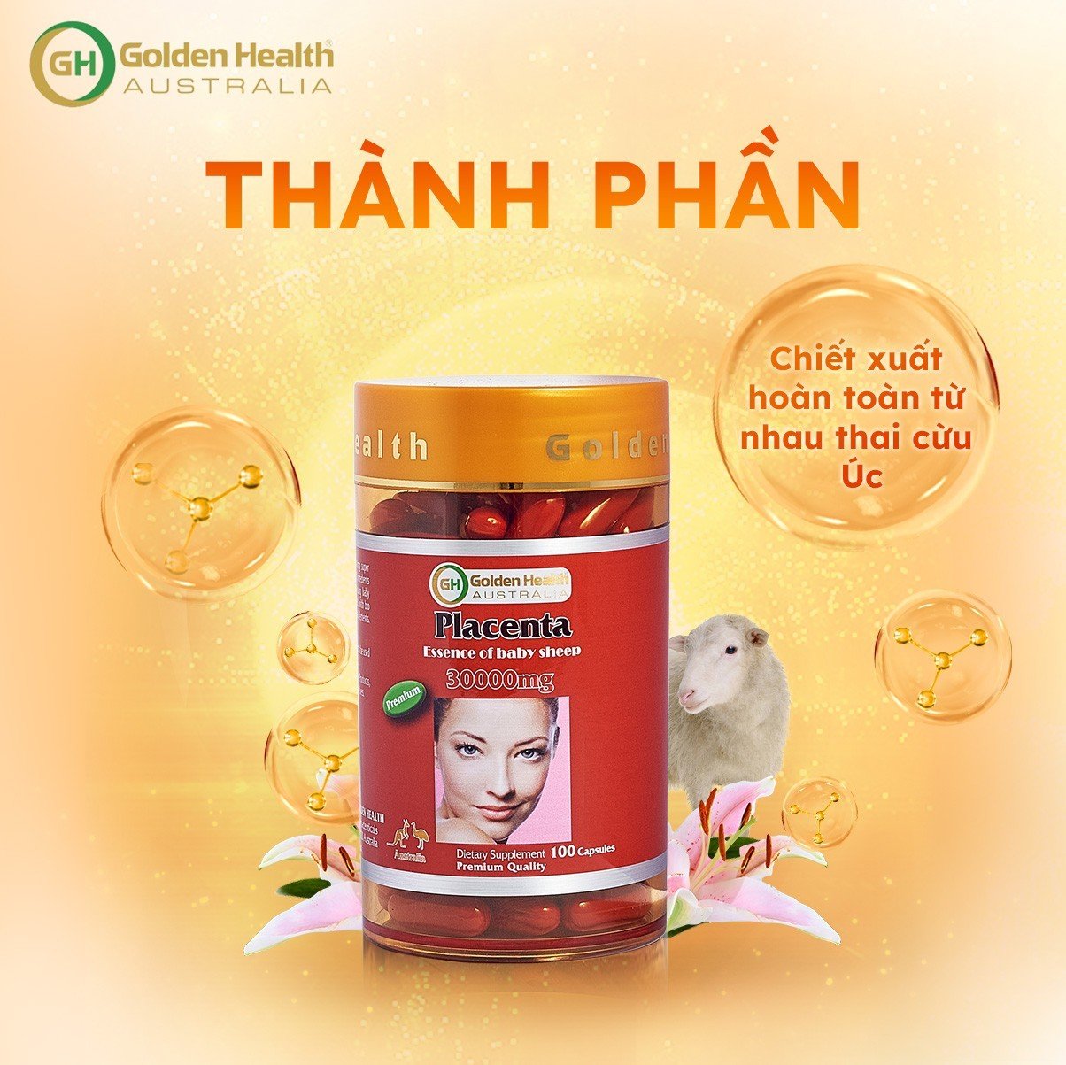 Viên Uống Nhau Thai Cừu Golden Health Placenta Baby Sheep 30.000mg (Hộp 100 Viên) Giúp Làm Mờ Thâm, Nám,Tàn Nhang,Giúp Chống oxy Hoá Và Chống Lão Hoá Da - Nhập khẩu chính ngạch từ Úc - PHỤNG BEAUTY