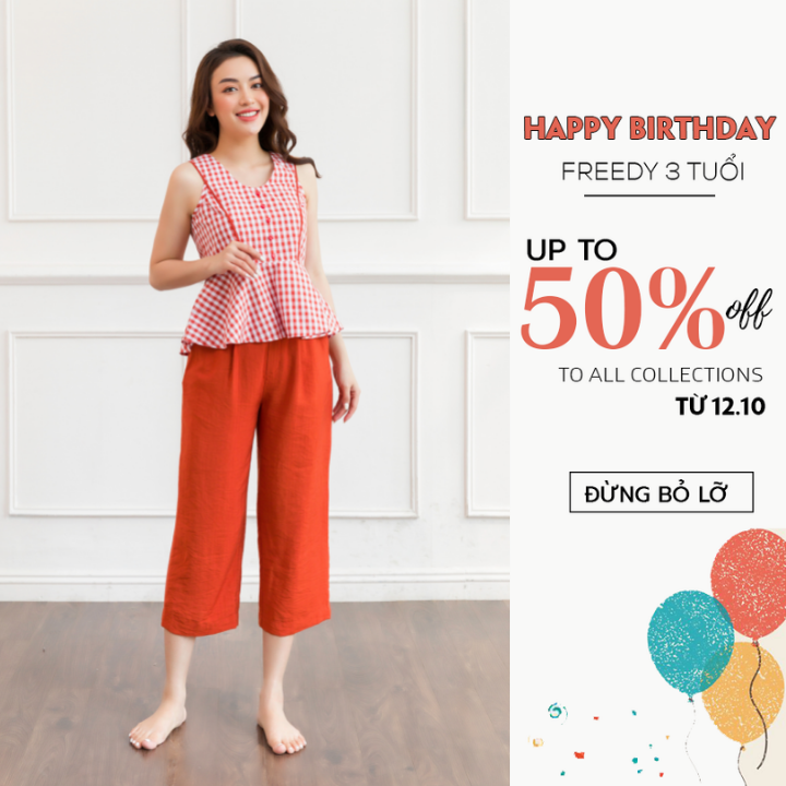 Đồ ngủ nữ đồ mặc nhà thiết kế Freedy-Bộ sát nách áo kẻ quần ống rộng cam
