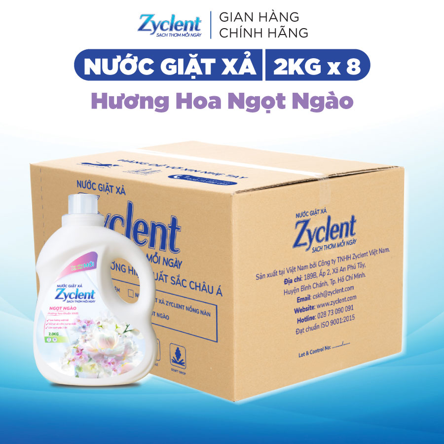 Thùng Nước Giặt Xả Zyclent Ngọt Ngào - Hương hoa thuần khiết (2kg x 8 can)