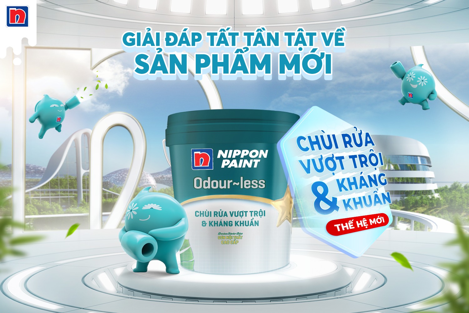 Sơn nước nội thất - Siêu cao cấp - Nippon Odour~less -Chùi rửa- Kháng khuẩn - Bề mặt mờ - 5L