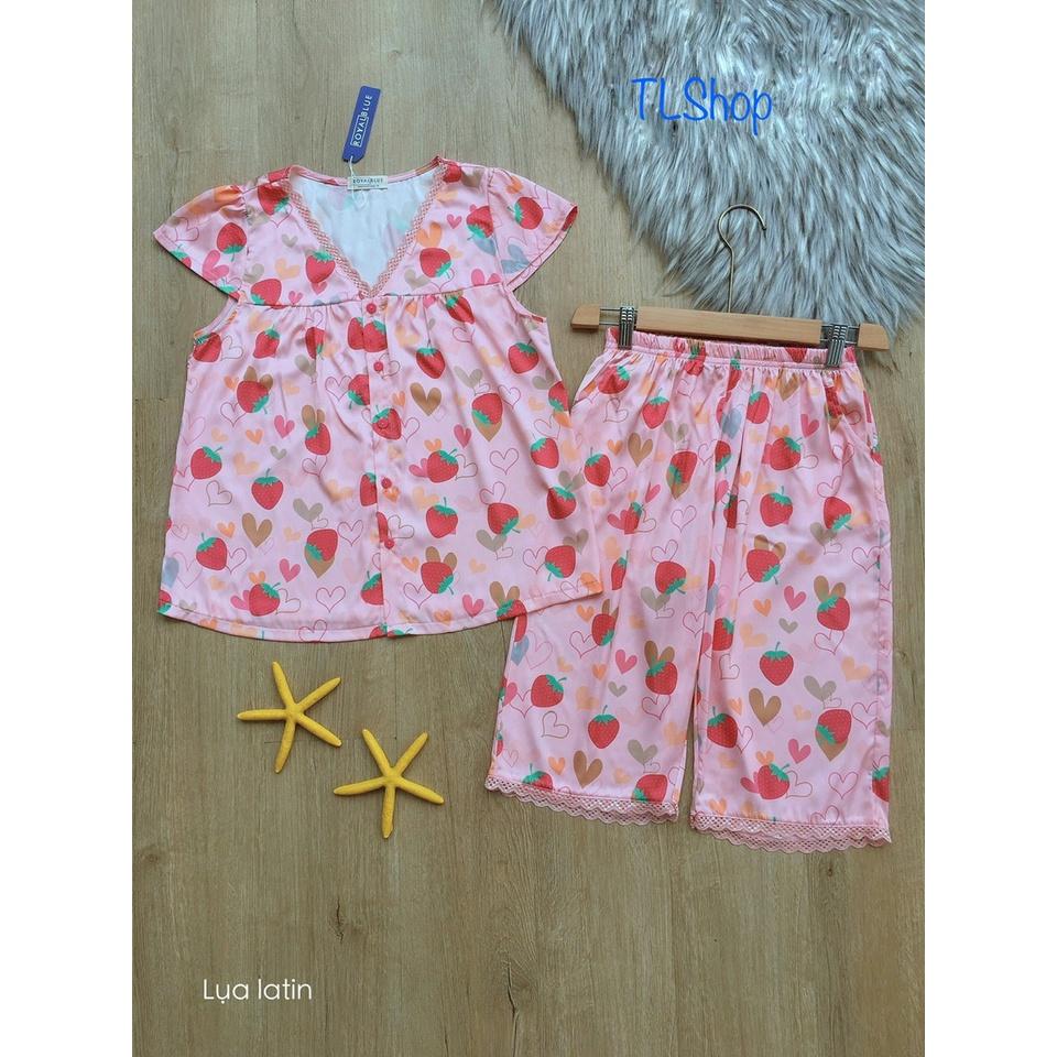 Đồ Bộ Mặc Nhà Lửng Nữ Cổ Tim Ren Xinh Xắn Chất Lụa Latin Mềm Mại In Họa Tiết Hoa Dễ Thương