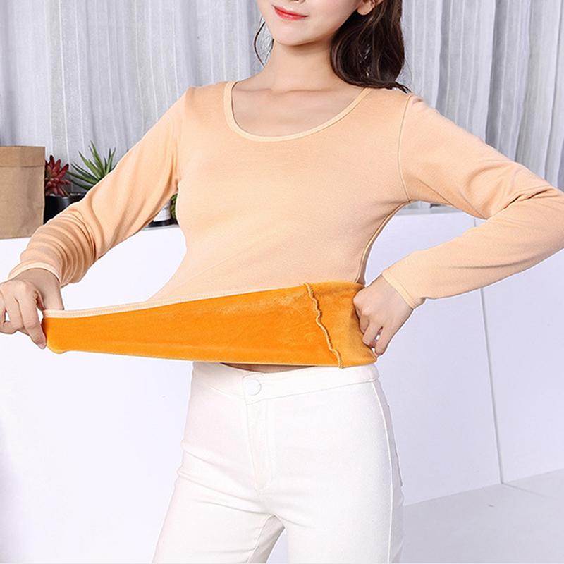 2XL Dài Tay 1 Lớp Nhung Nhiệt Quần Áo Nữ Mùa Đông Quần Lót Cổ Tròn Cơ Bản Cho Bình Giữ Nhiệt Cao Cấp Nữ Thứ Hai Da