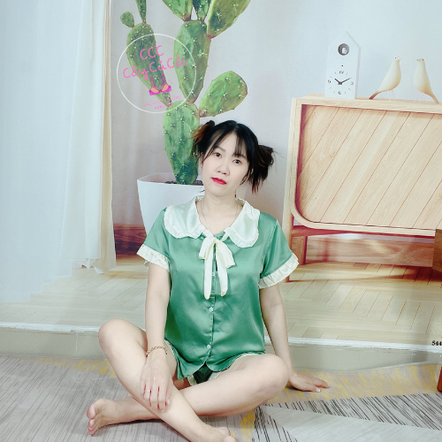 Bộ pijama satin mềm mát, bộ đồ ngủ cộc tay cổ thắt nơ công chúa dễ thương, mát mẻ hàng loại 1 CCC139