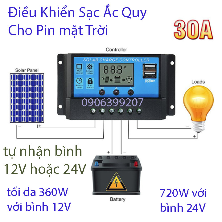 Bộ điều khiển sạc năng lượng mặt trời 30A tự động nhận bình 12V 24V