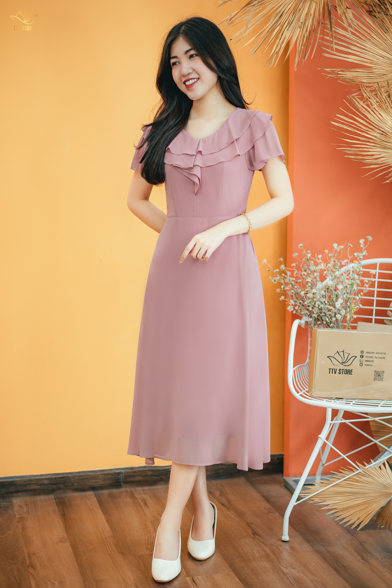 Đầm xòe thiết kế trung niên dáng dài cao cấp sang trọng Cổ tim bèo tay ngắn màu Hồng Ruốc TTV STORE TTV1385