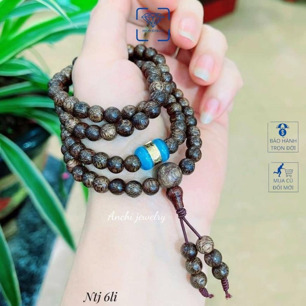 Vòng tay trầm hương nữ 108 hạt 6li mix lu thống dát vàng phong thủy, Anchi jewelry