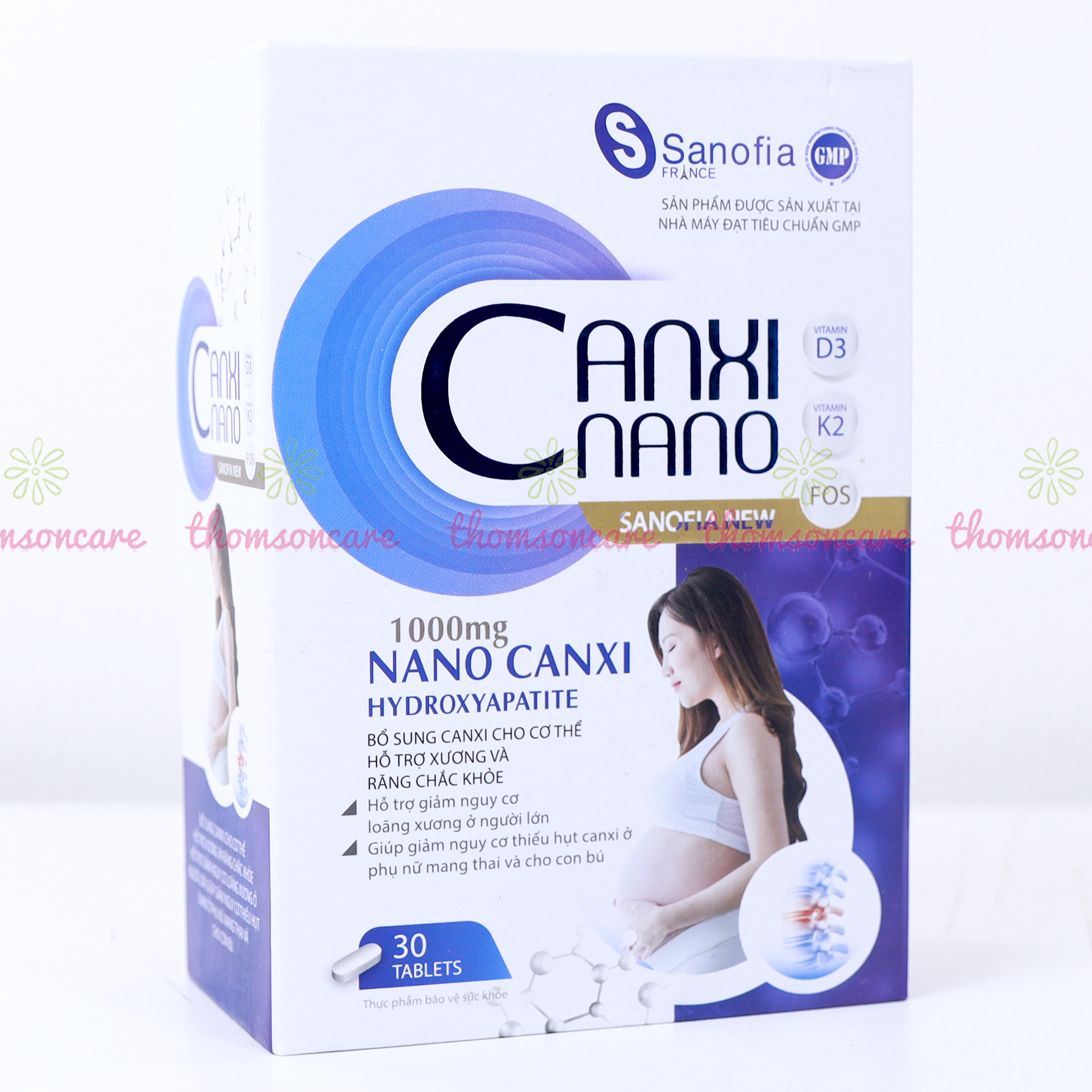 Canxi cho bà bầu, Canxi Nano Sanofia New - giúp giảm nguy cơ thiếu hụt canxi, tốt cho xương và răng - Lọ 30 viên - Thomsoncare