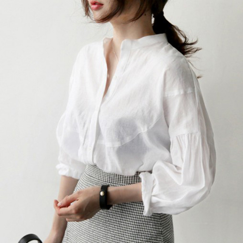 Áo Sơ Mi Lanh Nữ Hàn Quốc Cổ Trụ Chữ V Form Rộng Đi Làm Đi Chơi Thoải Mái ulzzang JD18