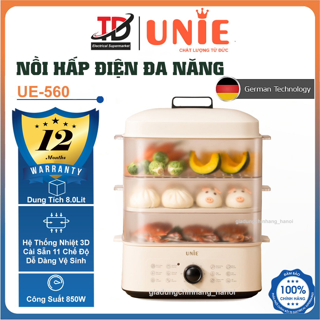 Nồi Hấp Điện Unie UE560, 3 Tầng 18Lit, Công Suất 850w, 12 Thực Đơn Cài Sẵn, Hàng Chính Hãng