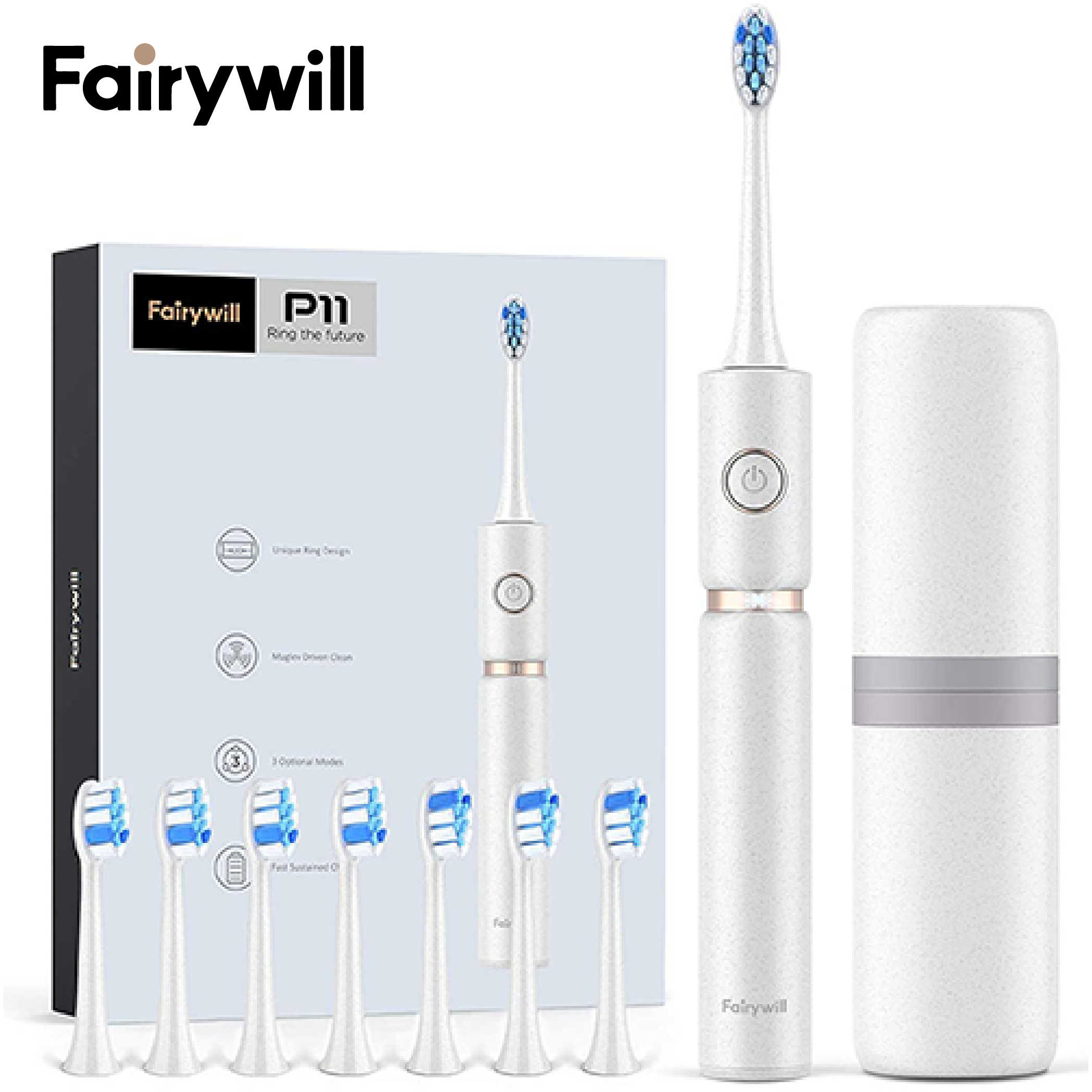 Bàn chải đánh răng điện Fairywill P11- phiên bản nâng cấp với trục truyền lực bằng thép, 8 đầu bàn chải đi kèm