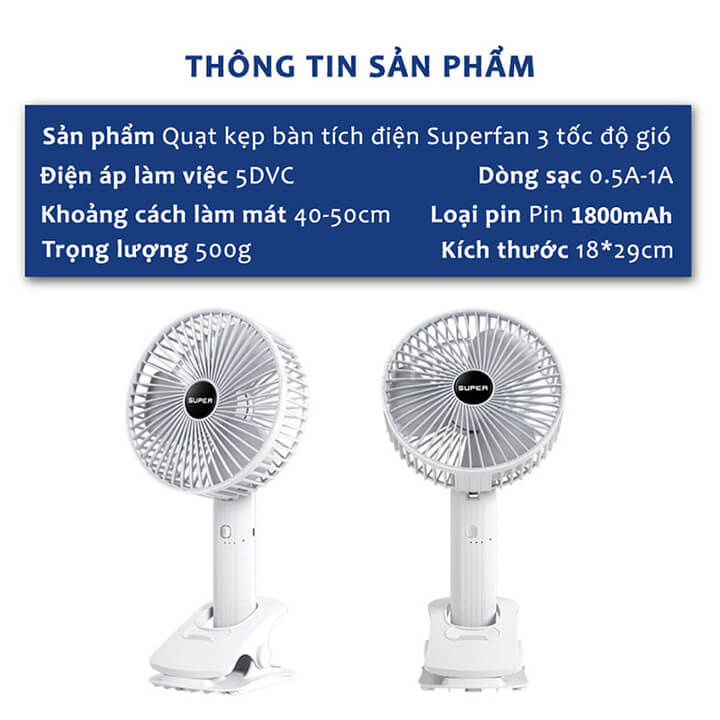 Quạt tích điện để bàn xoay 360 độ Super, quạt kẹp bàn, kẹp xe nôi xe đẩy 3 tốc độ gió kiêm giá đỡ điện thoại-MST-A1