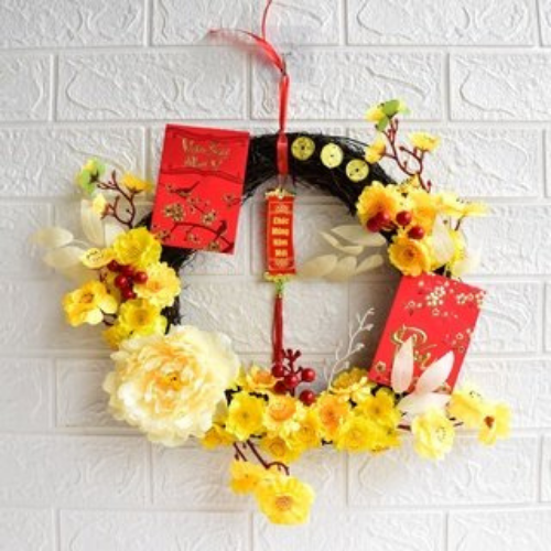 1 vòng hoa Mai trang trí Tết may mắn tiền tài - Wreath for Tết pktet73