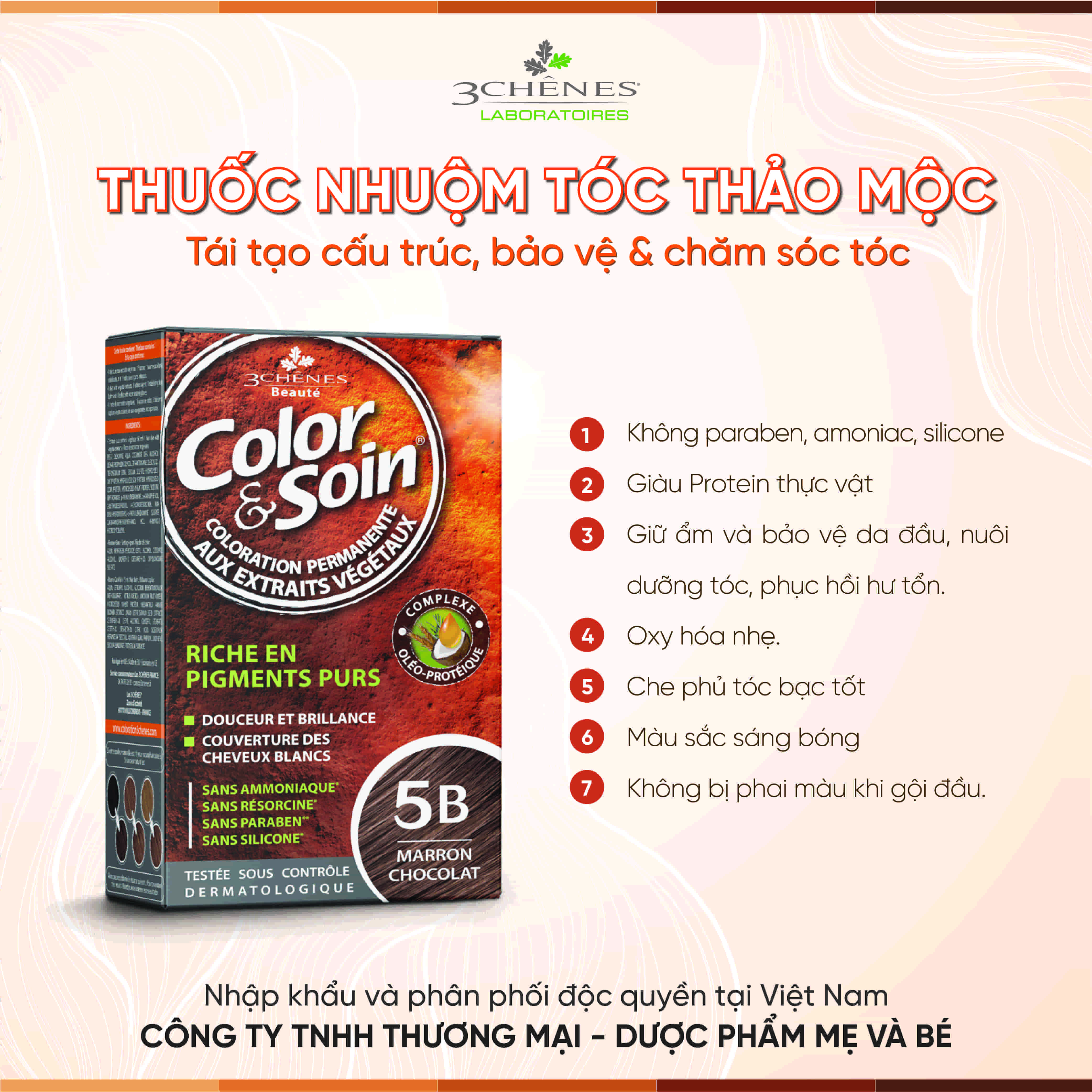 Thuốc Nhuộm Tóc Phủ Bạc 3 CHENES COLOR&amp;SOIN CHOCOLATE BROWN 5B_MÀU NÂU SOCOLA _Thảo dược Tự nhiên, An toàn Không chứa Amoniac [Nhập khẩu Pháp]