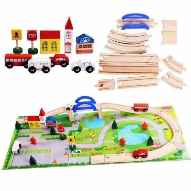 Đồ chơi lắp ráp đường đua gỗ cho xe ô tô,  lắp ghép mô hình giao thông thành phố, đồ chơi cho bé trên 3 tuổi