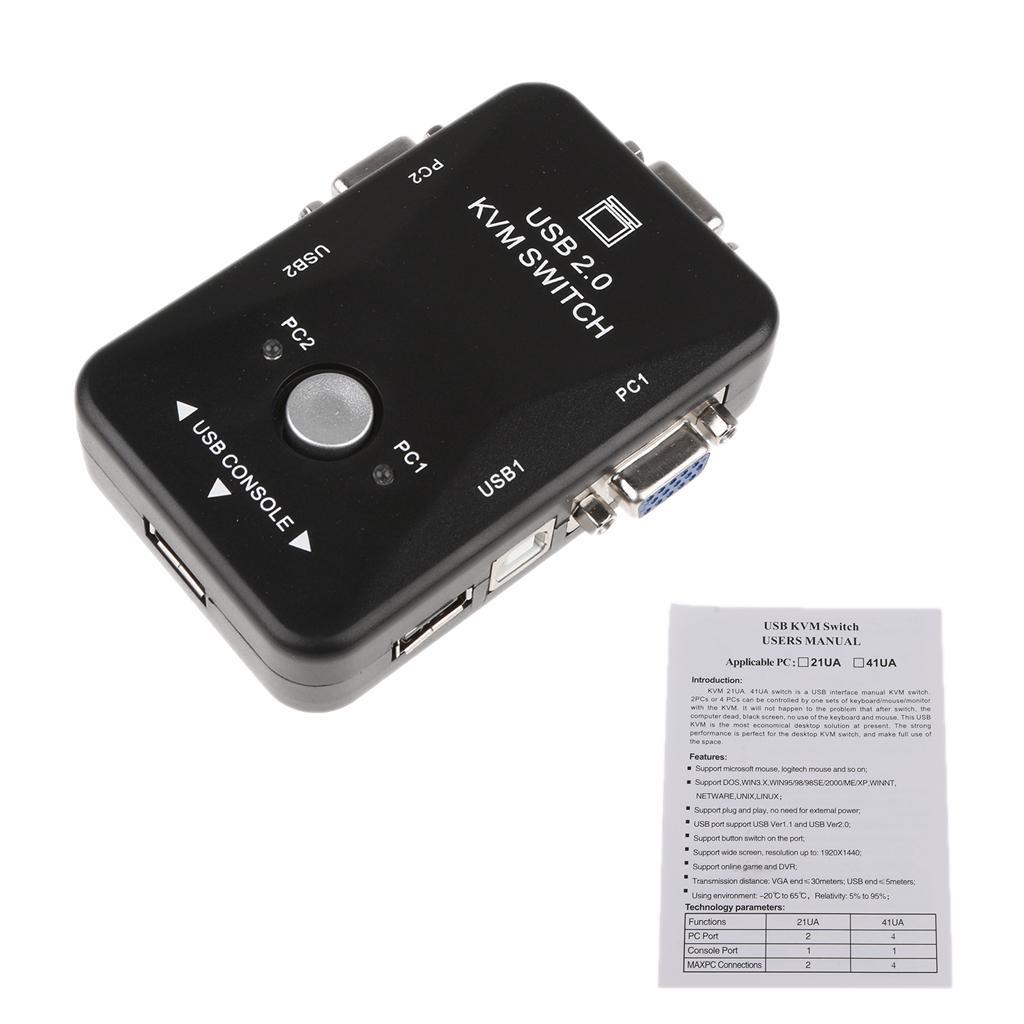 2-Port USB VGA KVM Switch Box for Mouse Keyboard Monitor Sharing Computer