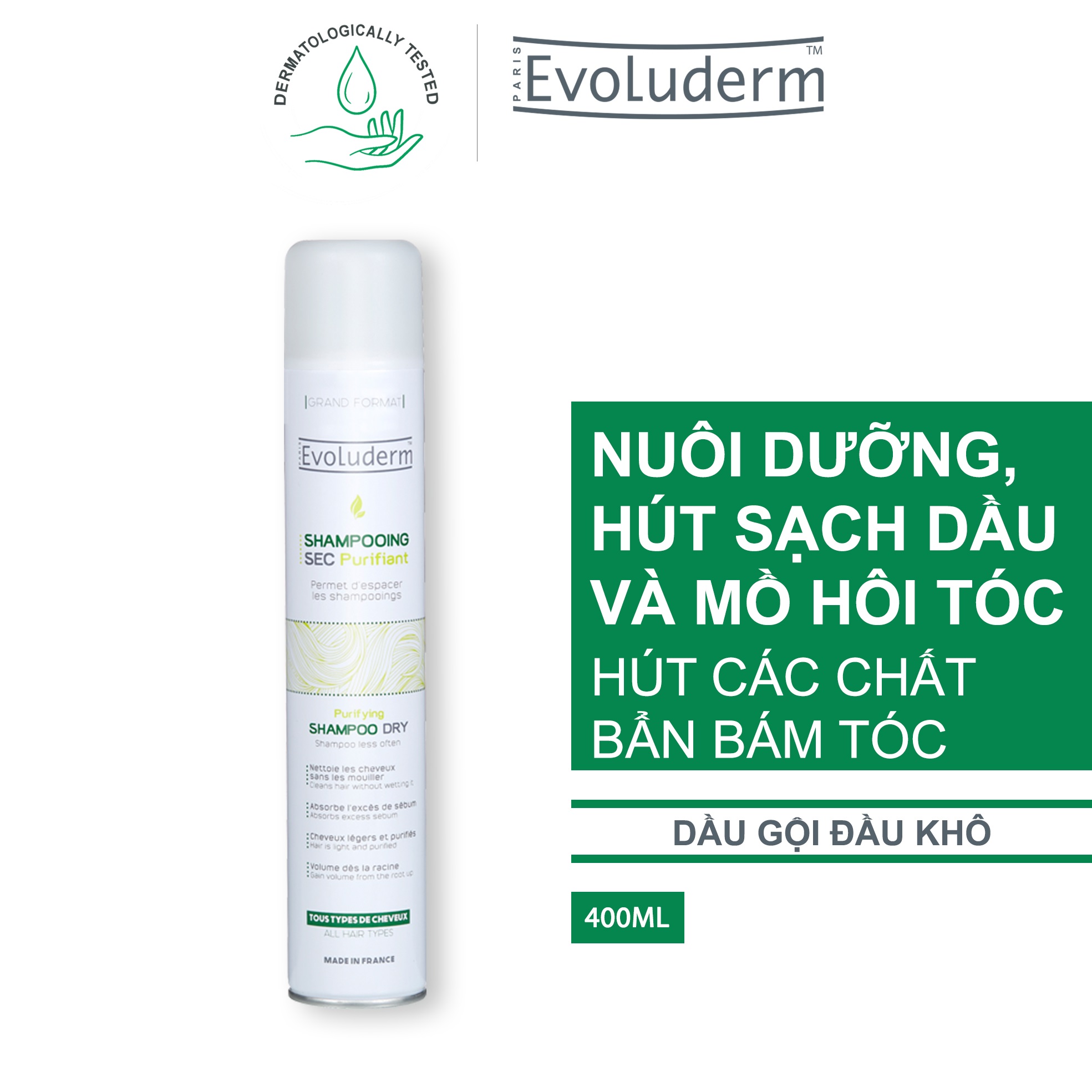 Combo xịt gội dầu khô Evoluderm 400ml  và kem ủ giúp nuôi dưỡng dành cho tóc khô Evoluderm 150ml