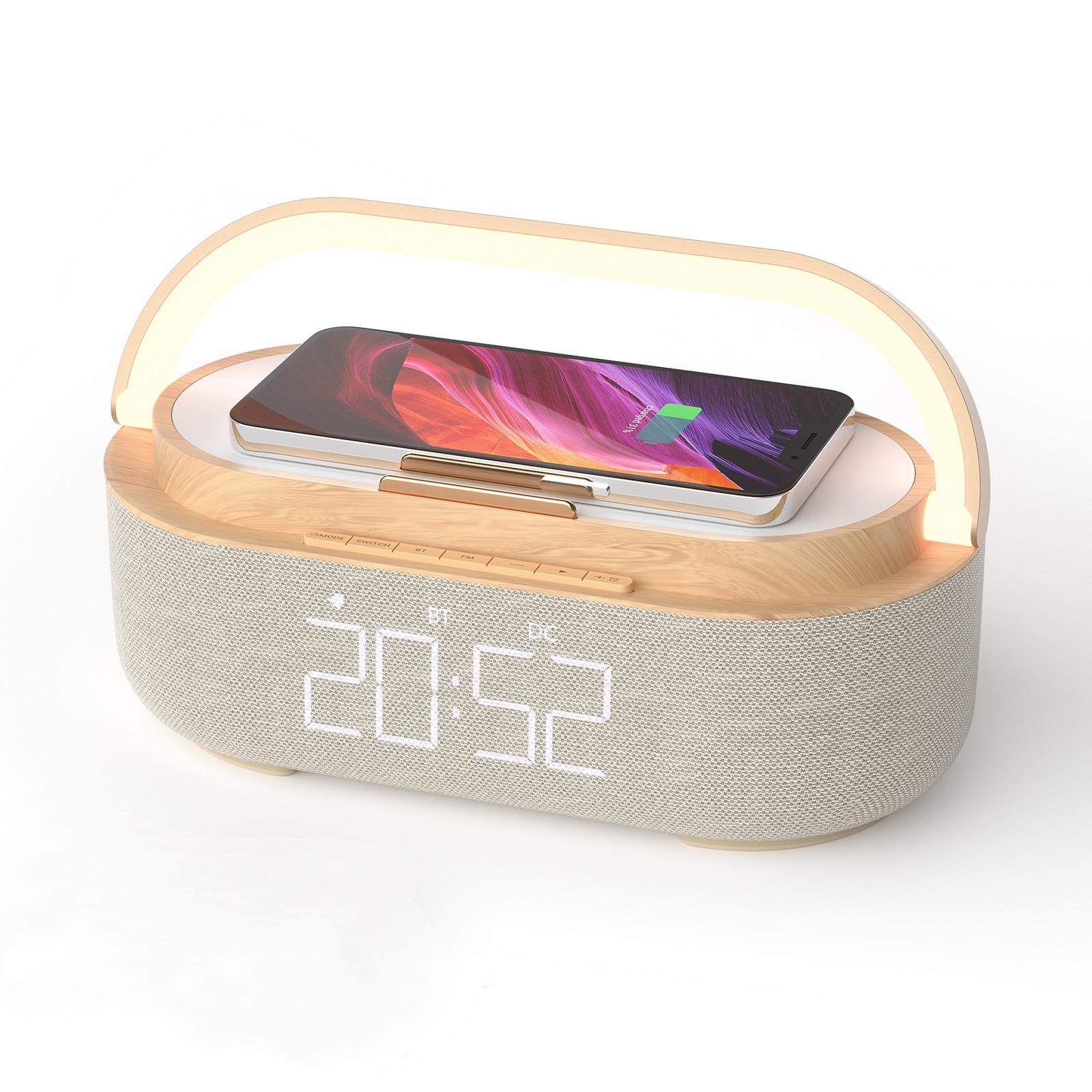 Đồng hồ báo thức loa di động Bộ sạc không dây FM Đèn radio Đèn Picnic Out loa kép Bluetooth 1500min Thời gian chơi cho màu nhà: Gỗ