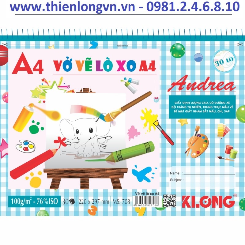 Vở vẽ lò xo xé A4 - 30 tờ; Klong 708