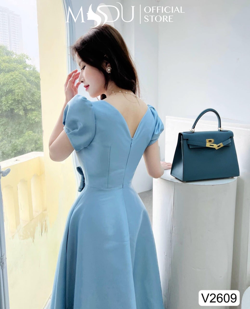 Váy đầm chất chất tafta xanh ngọc cổ V dáng xòe  V2609 - Glady design [kèm ảnh thật