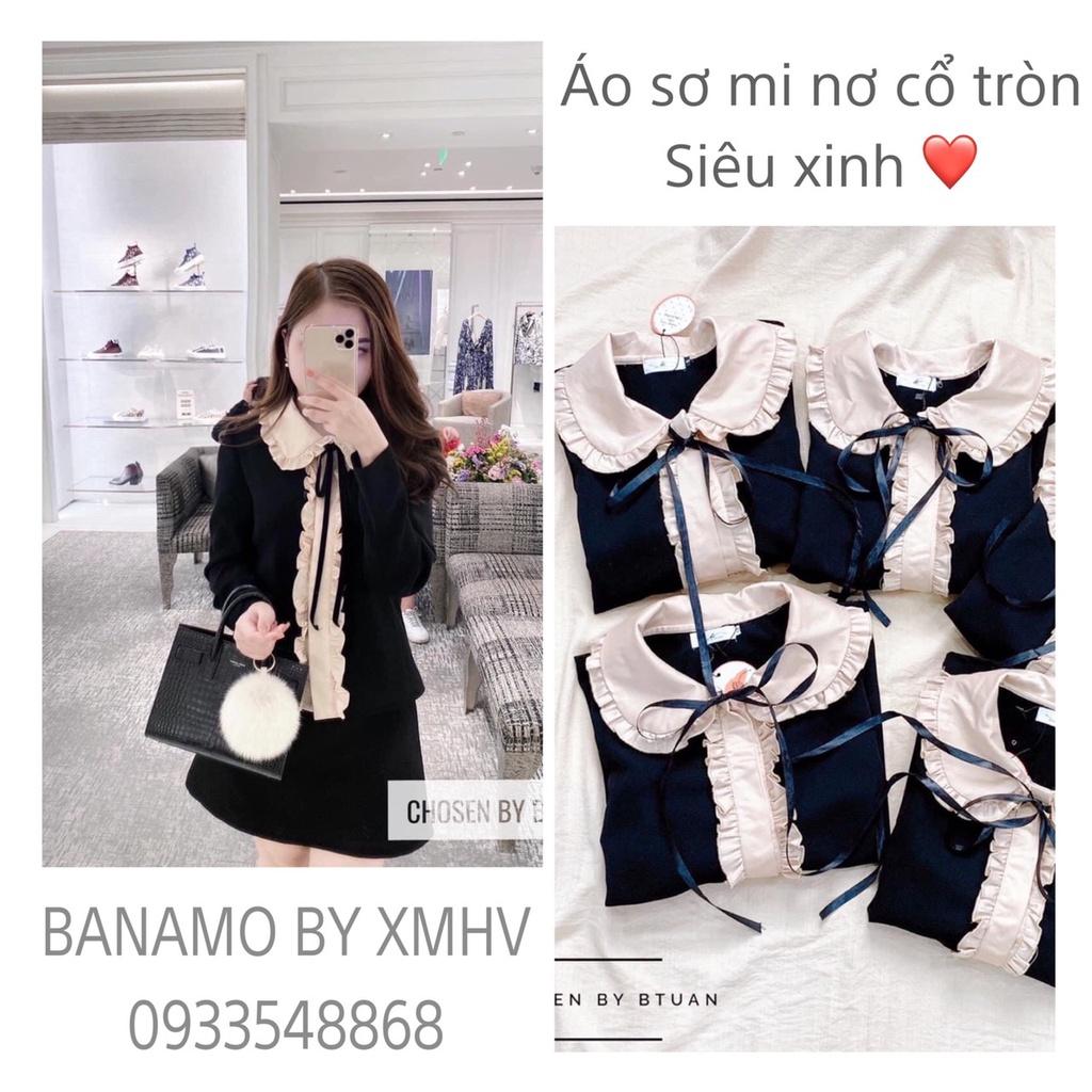 Áo sơ mi nữ cổ bèo phối nơ đen dài tay chất umi nhật thời trang Banamo Fashion 396