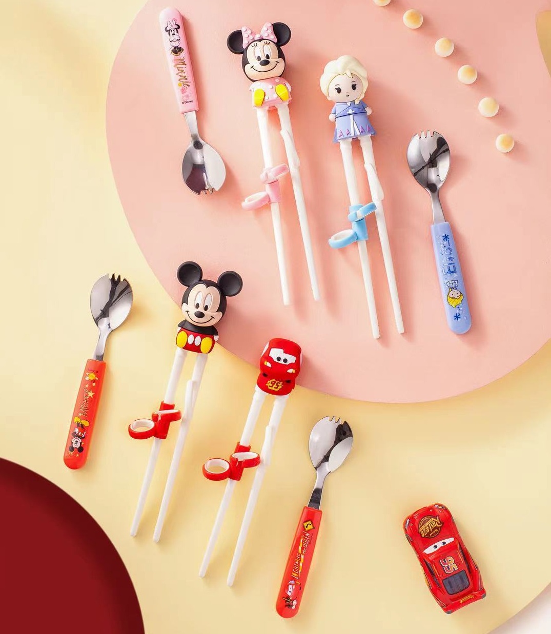 Set 2 món muỗng đũa tập ăn nổi 3D 2022 Disney Car Mcqueen chibi cực đáng yêu cho trẻ em