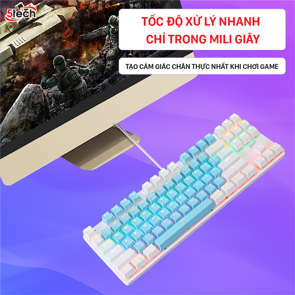 Bàn phím cơ gaming 5TECH Led RGB 10 chế độ nháy cực đẹp, chơi game gõ siêu đã, thiết kế nhỏ gọn dùng cho máy tính, laptop hàng chính hãng