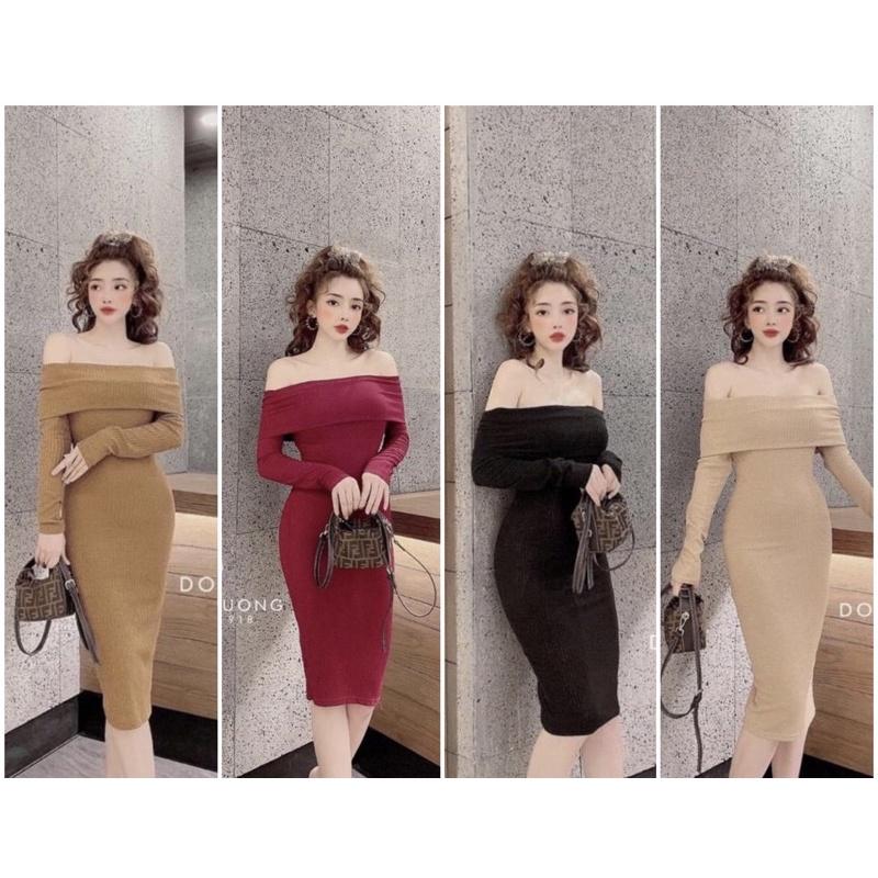 Đầm len đũa trễ vai ôm body 4 màu