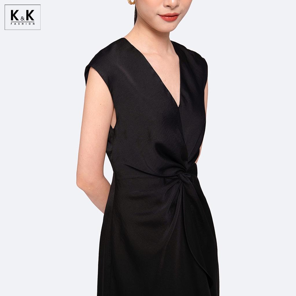 Đầm Midi Đen Dự Tiệc Cổ V Sát Nách Xoắn Eo K&amp;K Fashion KK130-25 Chất Liệu Silk