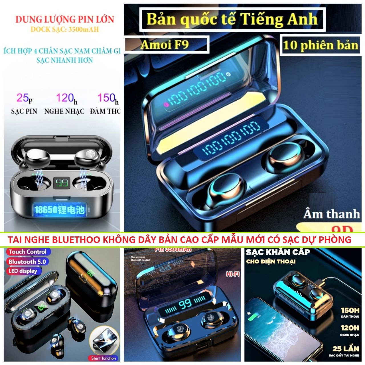 Tai nghe Bluethooth không dây F9 Pro bản nâng cấp âm thanh 4D màn hình led pin sạc dự phòng loại tốt