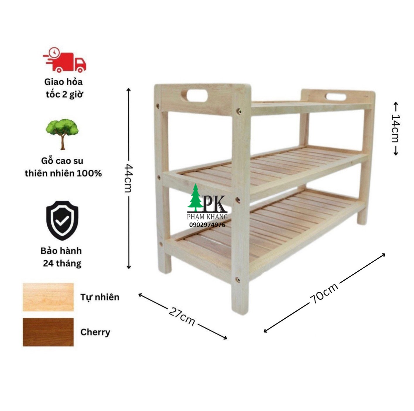 Kệ giày dép 3 tầng Start Decor - Gỗ cao su tự nhiên - Màu Gỗ Tự Nhiên/ Vàng Cherry - Kích thước rộng 64 cm/ 70 cm
